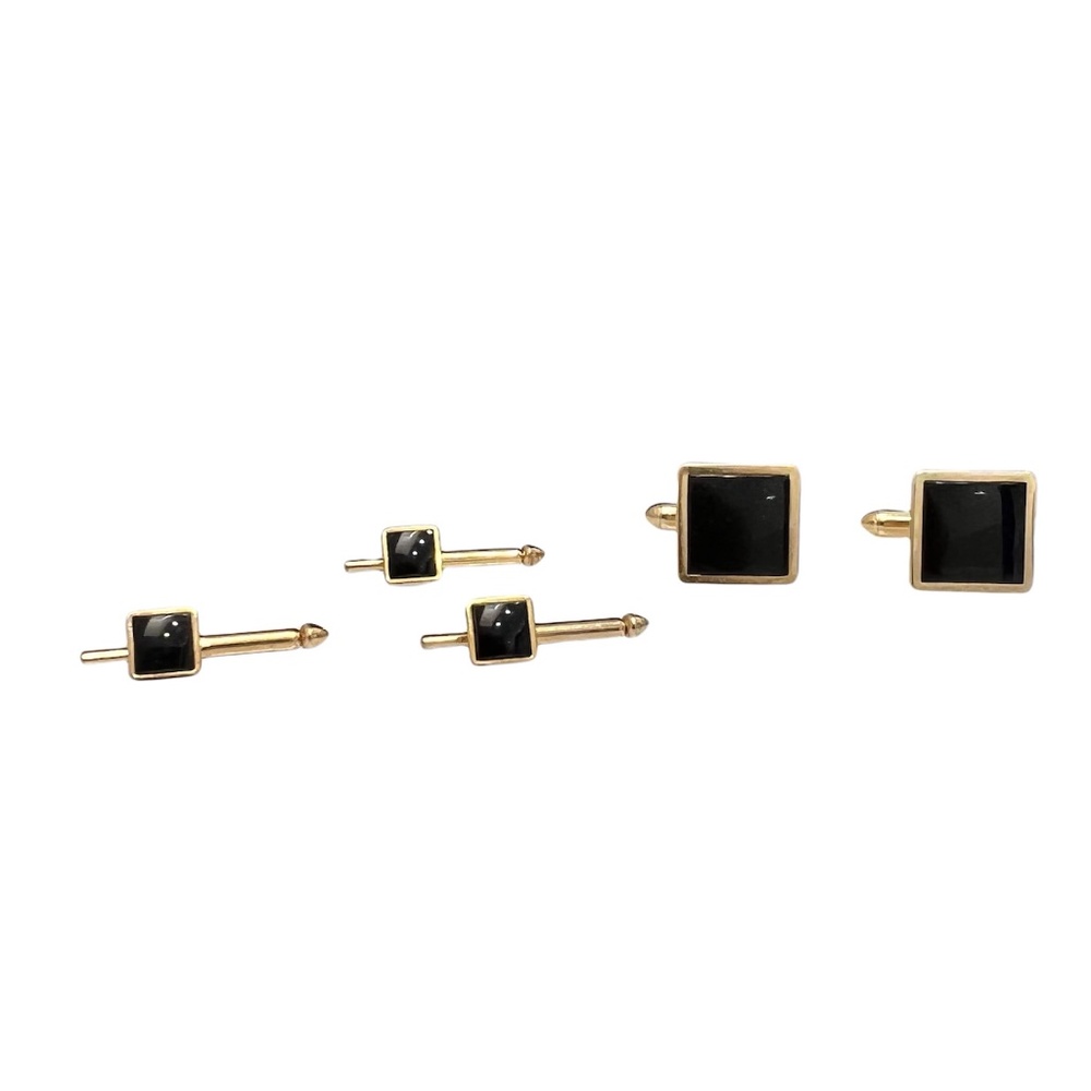VINTAGE SWANK GOLD TONE & BLACK ENAMEL SQUARE CUFFLINKS & SHIRT STUDS